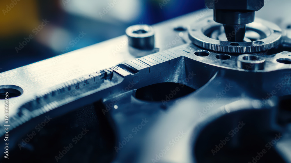 Poster close up of caliper measuring metal part, showcasing precision engineering and intricate details in 
