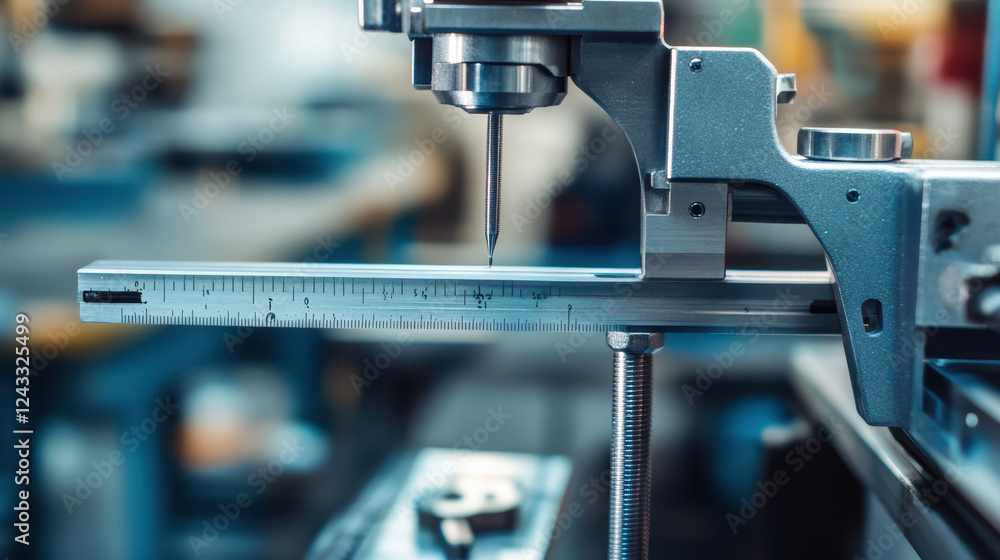 Poster close up of caliper measuring metal part in workshop, showcasing precision engineering and craftsman