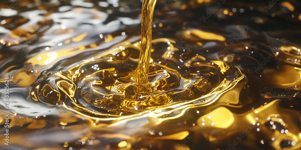 Poster close-up view of golden liquid pouring into the water, creating ripples and reflecting the warm gold