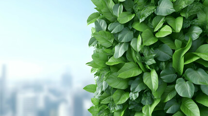 Fototapeta premium Lush green foliage sphere against city skyline. Possible use for environmental themes