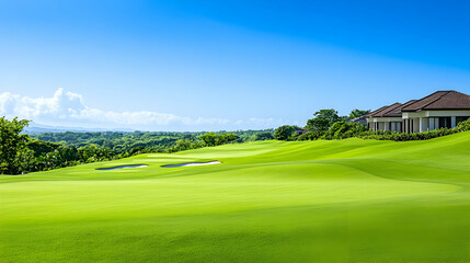 Fototapeta premium Lush golf course with homes in background. Ideal for travel brochures or real estate marketing