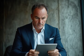 A focused businessman in a suit attentively reviews information on his tablet.