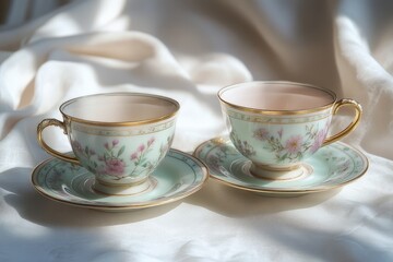 Fototapeta premium Two elegant antique teacups with delicate floral designs, showcasing pastel colors and gold accents.
