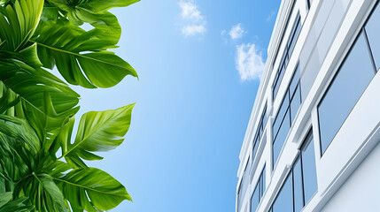Lush tropical foliage beside modern white building against a clear blue sky. Possible use  for architectural design, real estate, or sustainability campaigns