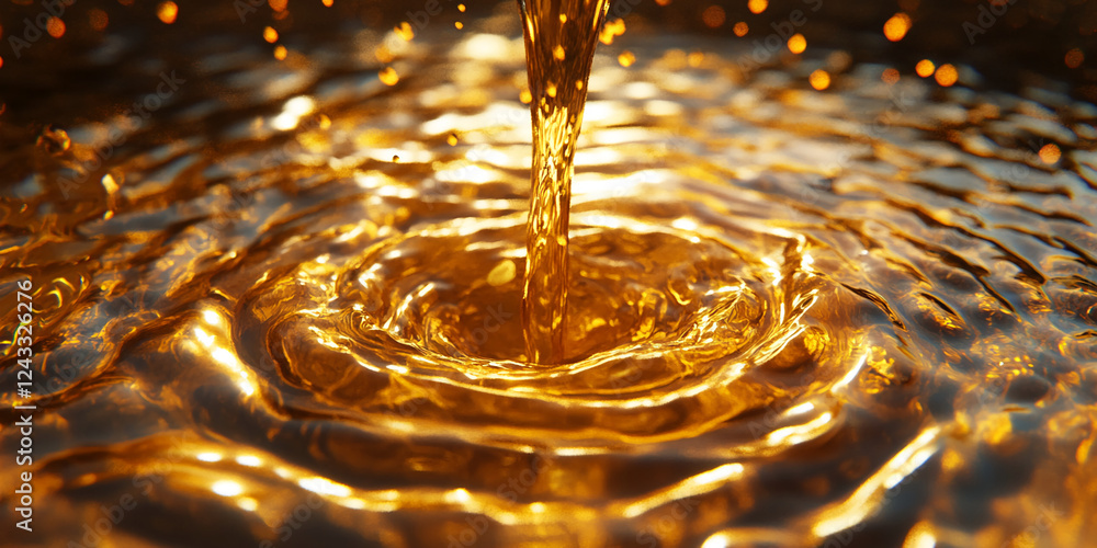 Poster golden liquid flowing into water, creating ripples and splashes, reflecting the light and symbolizin