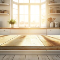 Fototapeta premium Sunlit Kitchen Countertop Mockup: Rustic Wooden Table