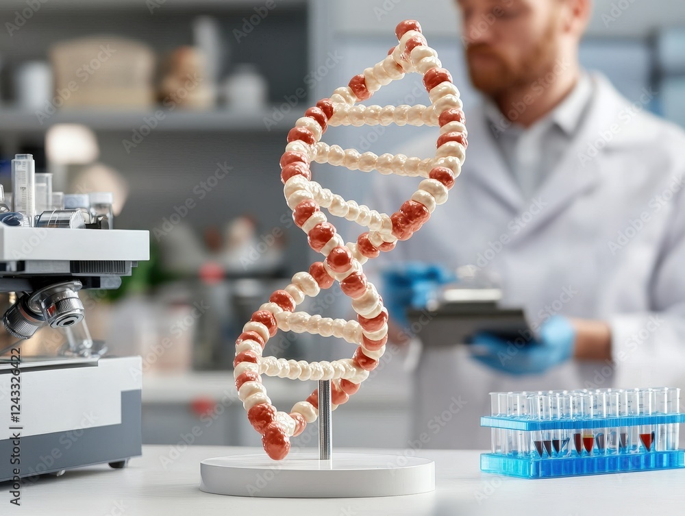 Poster 3d representation of dna helix model in laboratory with scientist working on genetic research and ex