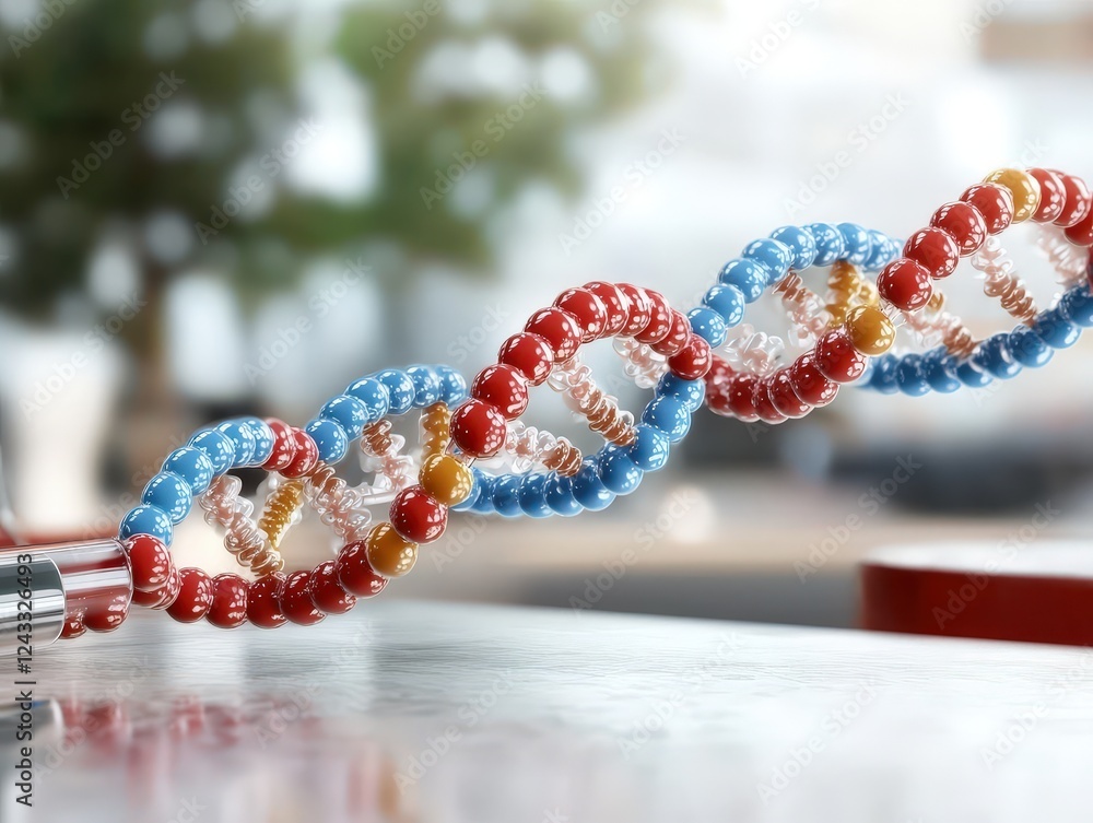 Poster detailed close-up of colorful dna helix model on table in laboratory environment with blurred natura