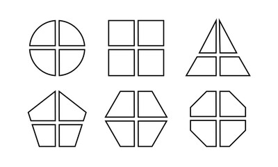 Set of geometric round, square and triangle, pentagon, hexagon and octagon shapes divided into 4 equal sectors. Simple diagrams, business charts segmented on four parts. Vector graphic illustration.