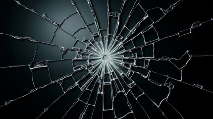 Zenithal view of broken glass in concentric form on black background