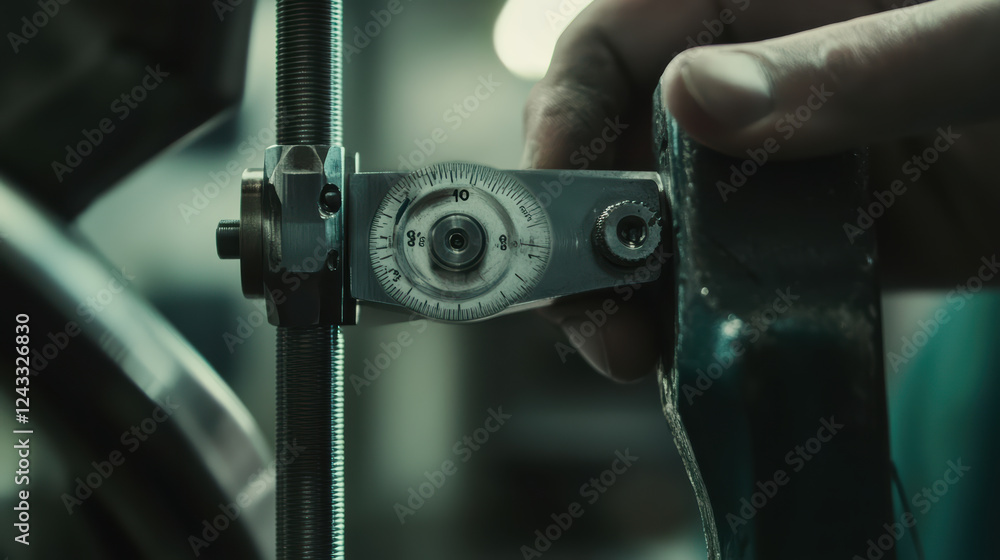 Poster close up of technician using caliper to measure precision in workshop, showcasing attention to detai