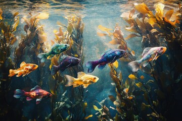 Vibrant fish swim among kelp forest, creating a mesmerizing underwater scene.
