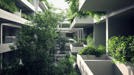 Contemporary condo design emphasizing green living with lush greenery and modern architecture. serene environment promotes sustainability and harmony with nature