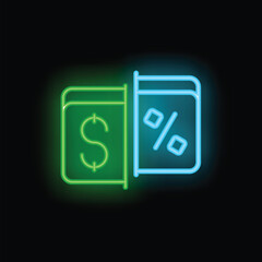 Green and blue neon sign showing two rectangles, the left one with a dollar sign and the right one with a percentage symbol