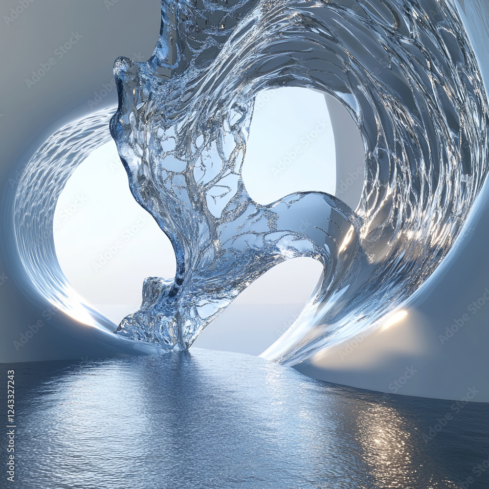 Poster abstract depiction of water splashing through circular openings, symbolizing flow, energy, and trans