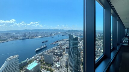 A view from Yokohama's Landmark Tower, overlooking the city and the surrounding mountains in the distance.