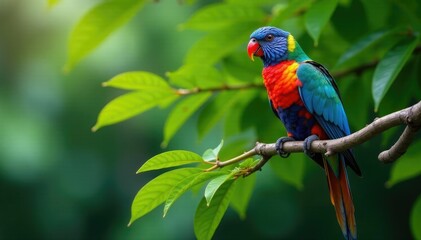 Fototapeta premium Colourful feathers and leaves on a tropical tree branch, branch, leafy branch, feathers