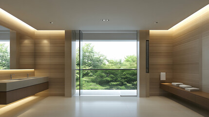 Fototapeta premium Modern bathroom with balcony view; interior design, spa-like ambiance; possible use for interior design magazines, real estate, or hotel brochures