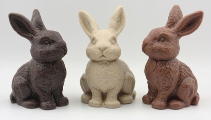 Obraz premium Three small plastic rabbits are closely positioned together on a clean white surface, showcasing their vibrant colors and playful design.