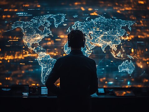 Person monitoring global network on large screen.