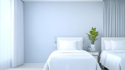 Modern bedroom interior, light blue walls, white beds, minimalist design, tranquil ambiance, perfect for a hotel or Airbnb, potentially for use in interior design magazines