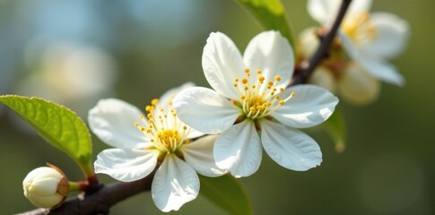 Fototapeta premium Detail of white corolla with yellow stamens on a tree branch, yellow, detail