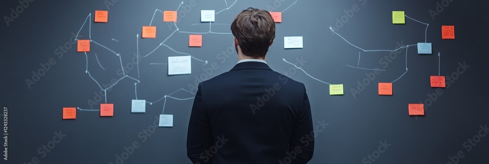 Poster Businessman looking at sticky notes and lines drawn on a wall, evaluating options and making a decision in a challenging business situation, considering different paths and alternatives