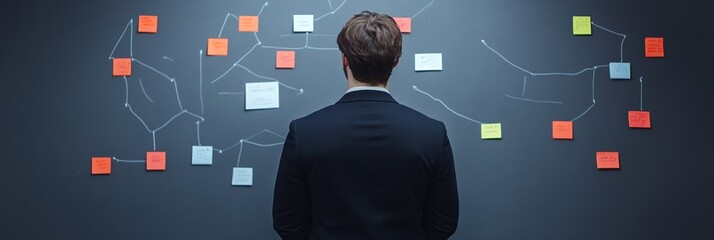 Businessman looking at sticky notes and lines drawn on a wall, evaluating options and making a decision in a challenging business situation, considering different paths and alternatives
