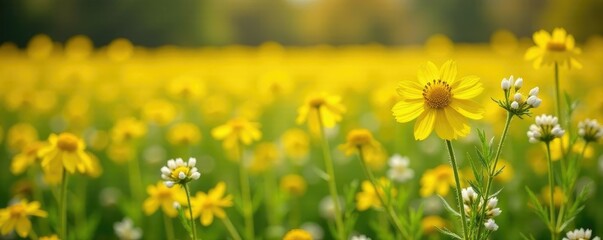 Fototapeta premium Field of golden yarrow flowers with white petals in autumn, field, landscape