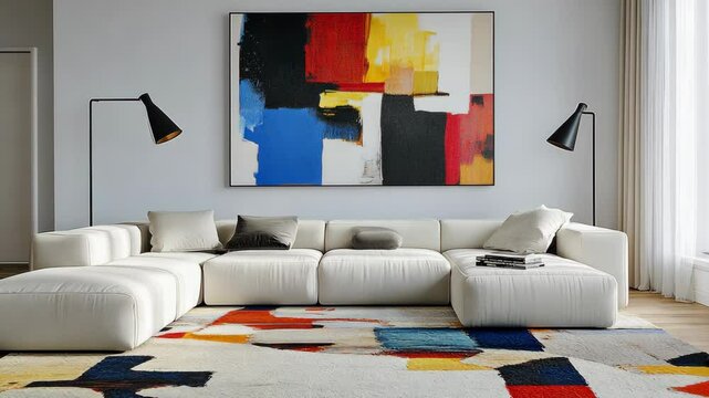 Modern living room featuring a minimalist white sectional sofa and vibrant abstract art on the wall