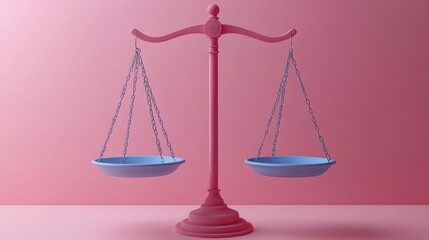 A vibrant pink scale with blue pans symbolizes balance and justice against a pink background.