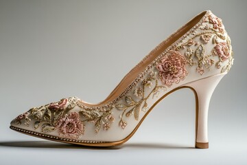 Obraz premium Elegantly embroidered high heels, adorned with delicate pink and gold floral motifs on a cream satin base.