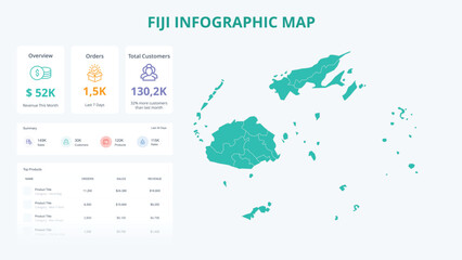 Business Growth Infographic Map of Fiji. Orders, Customers, Sales Overview & product Infographic Map of Fiji. Easy to edit