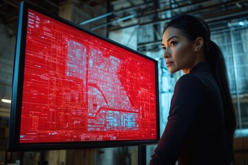 A woman intently studies a large screen displaying a complex, red-hued network map, possibly a city's infrastructure or a technological system.