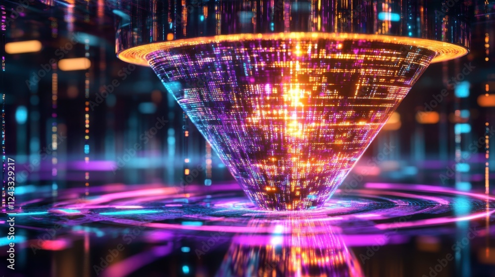 Poster creative visual of a funnel glowing with data streams, representing optimized lead generation for di