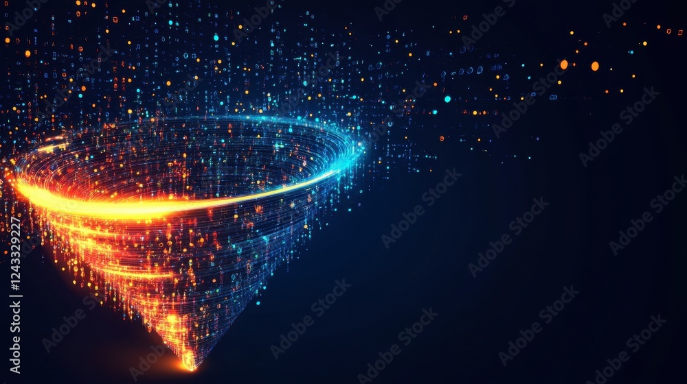 Aufkleber creative visual of a funnel glowing with data streams, representing optimized lead generation for di
