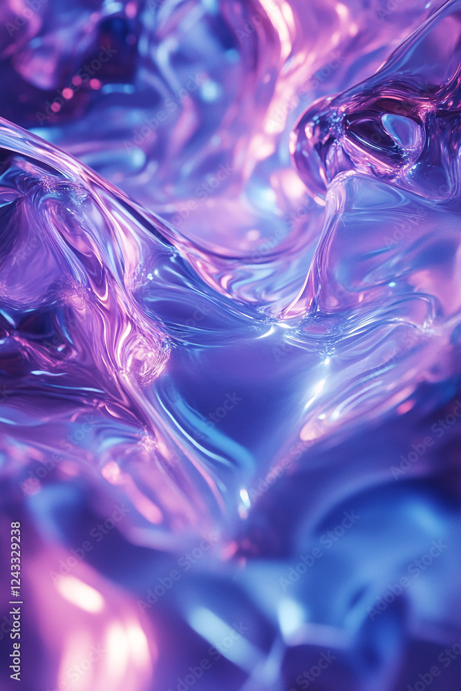 Poster Close-up view of purple and blue translucent liquid flowing and swirling, creating an abstract design, representing smoothness, fluidity, and creative energy.