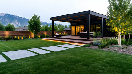 Modern home backyard at dusk with patio and mountains in the background. Ideal for home decor or real estate