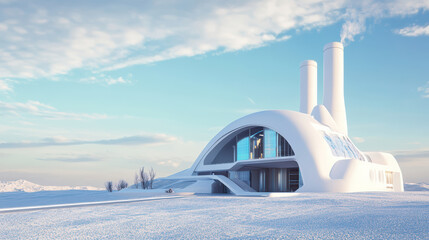 Obraz premium Futuristic house structure with power plant in snowy landscape, showcasing modern architecture and innovative design. scene evokes sense of tranquility and progress