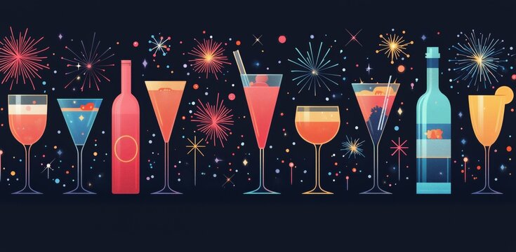 Colorful cocktail lineup with fireworks display in celebration