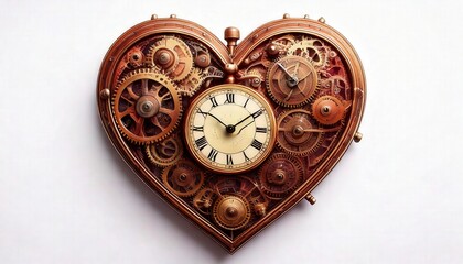 A heart fused with a vintage clock, gears turning inside, symbolizing time and love
