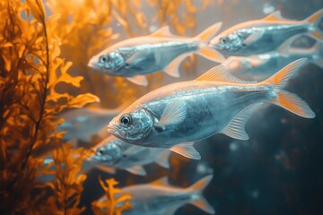 Naklejka premium A school of silvery fish swims amidst vibrant orange kelp, creating a captivating underwater scene.