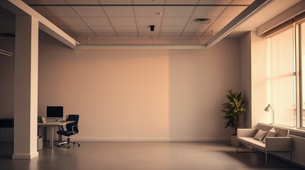 cool light interior design, minimalistic modern scandinavian style, empty wall, mockup template, Sunlit minimalist modern office interior of generative ai