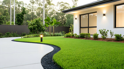 Naklejka premium Modern house backyard with curved walkway and lush green lawn