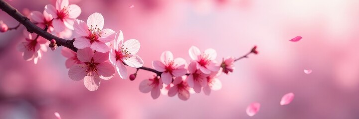 Pink cherry blossoms falling gently in the breeze, pink, color