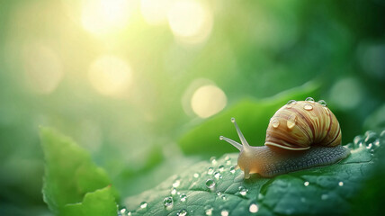 露に濡れた葉の上を進むカタツムリの静寂な旅