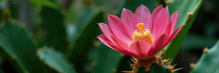 Fototapeta premium Prickly pink petals unfurl on a flowering cactus stem, tropical plant, monstera deliciosa alternative, desert bloom