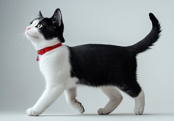 Playful black and white cat walking gracefully in a studio setting with a red collar and an inquisitive expression against a soft gray background