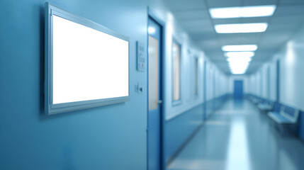 blank sign fixed to a hospital corridor wall with bright overhead lighting 