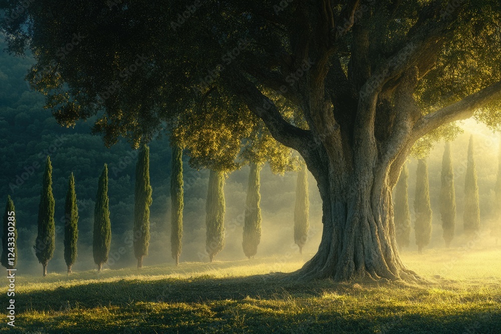 Aufkleber majestic ancient oak tree stands tall, casting shade over a line of slender cypress trees in a misty